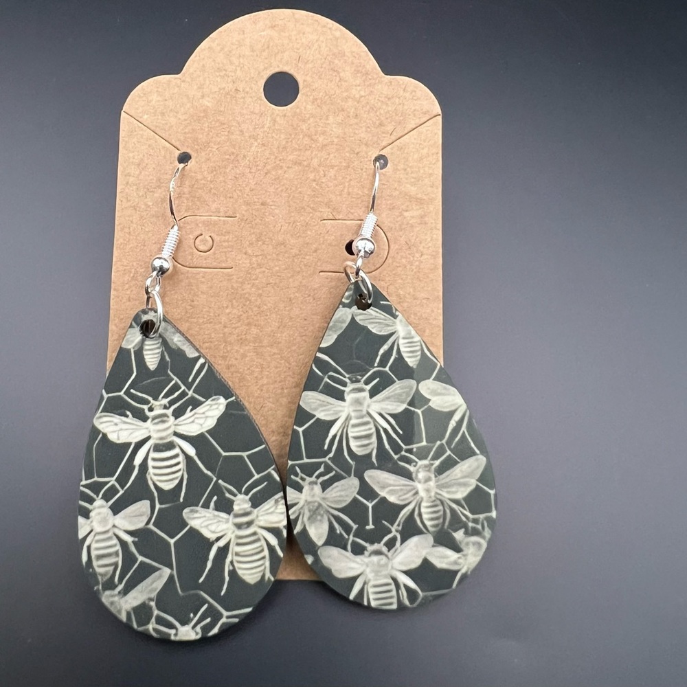 Bee Patterned Teardrop Shaped Earrings